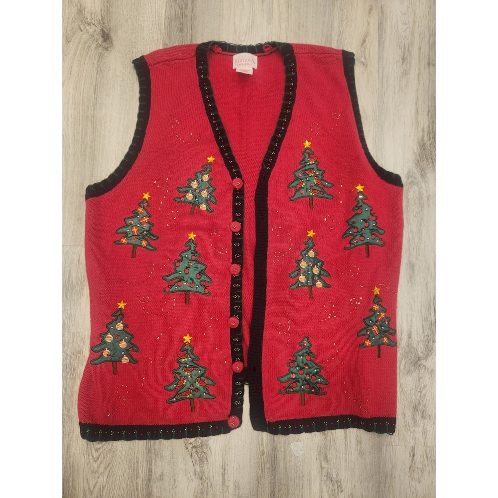 Basic Editions Christmas Holiday Button Front Vest Size 3X Red Christmas Tree